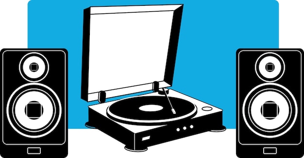 Imagen vectorial de un gramófono y dos altavoces aislados sobre fondo transparente