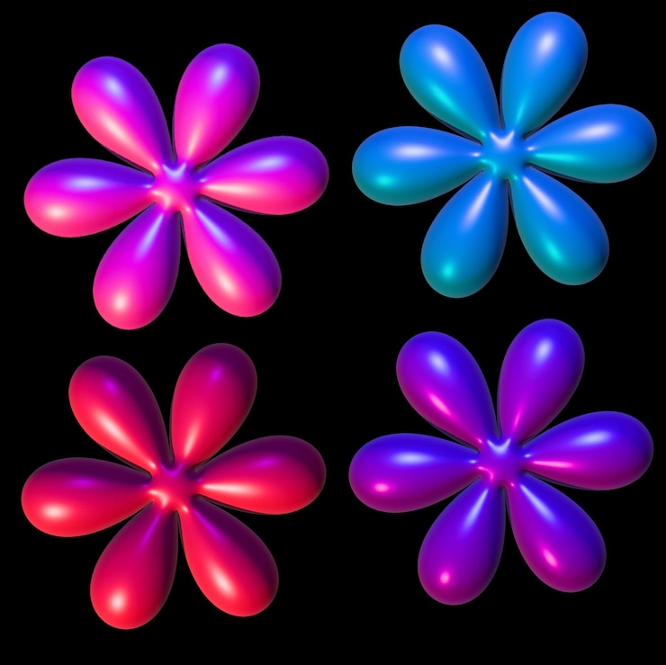 Vector imagen vectorial de grandes flores 3d con efecto metálico y hermosas estrellas