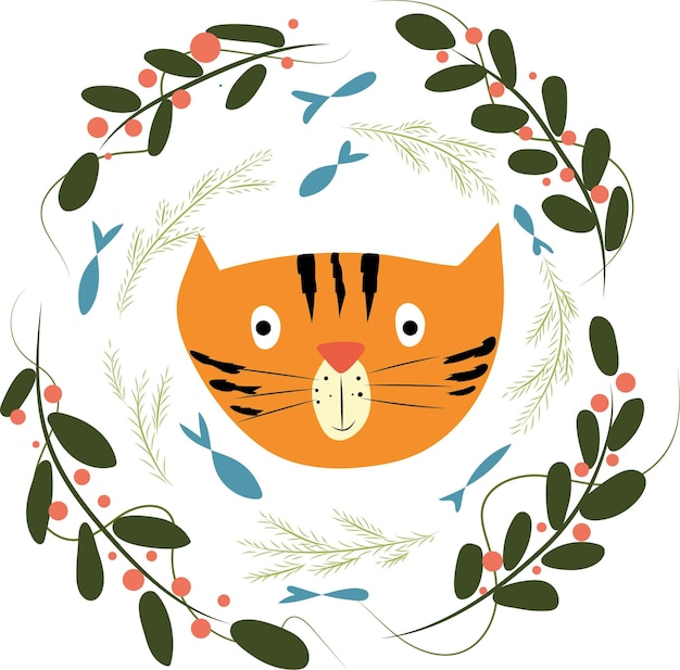 Imagen vectorial Hocico de un gato rojo con flores.