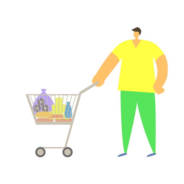 Imagen vectorial Hombre con una cesta de la compra Compras