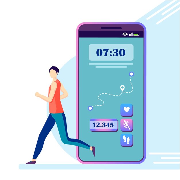 Imagen vectorial con un hombre corriendo Una aplicación de teléfono inteligente rastrea su entrenamiento físico