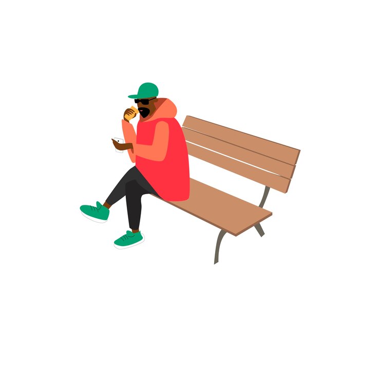 Vector imagen vectorial de un hombre descansando en un banco con un teléfono y café