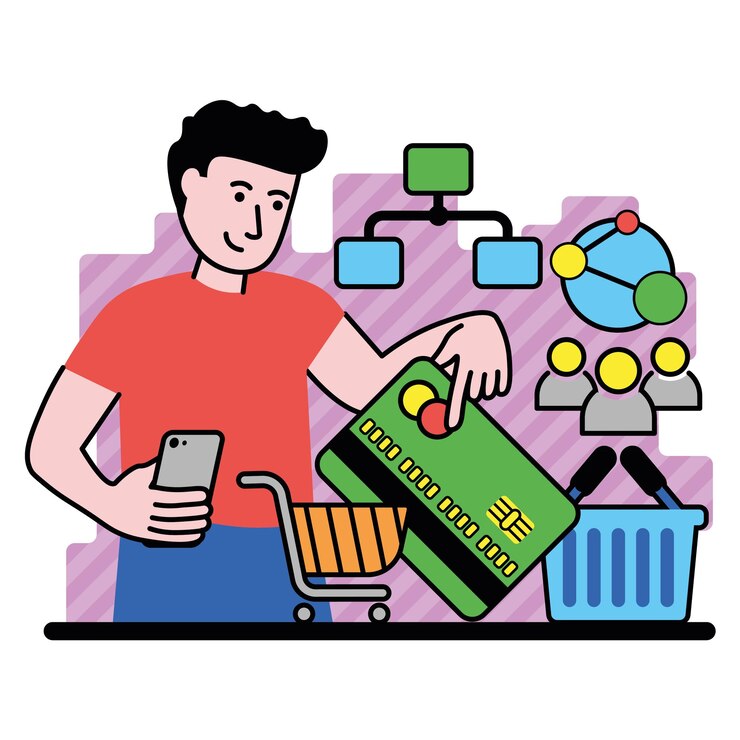 Vector imagen vectorial con el hombre muestra cómo comprar y pagar por ellos en línea