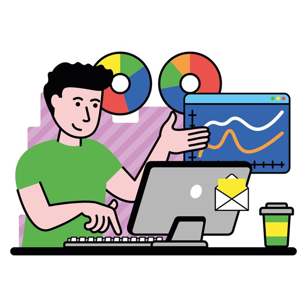 imagen vectorial con un hombre presenta los resultados del análisis del mercado digital
