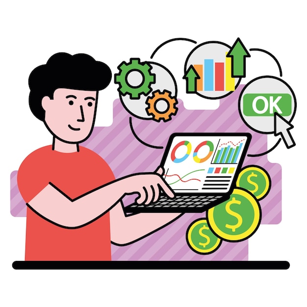 imagen vectorial con un hombre que demuestra en la tecnología digital portátil