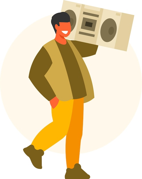 Imagen vectorial de un hombre sonriente escuchando música aislada sobre fondo transparente