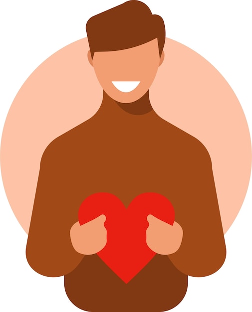 Imagen vectorial de un hombre sonriente sosteniendo un corazón aislado sobre fondo blanco.