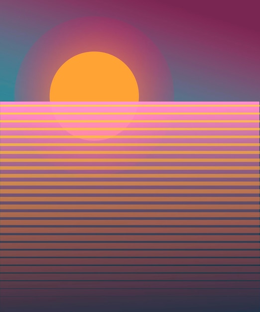Imagen vectorial del mar en la ilustración de la puesta de sol al estilo del minimalismo