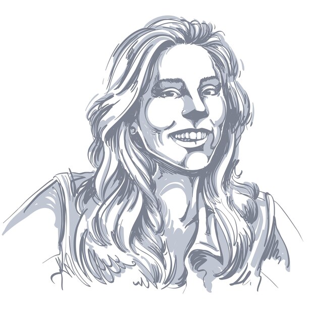 Imagen vectorial monocromática dibujada a mano, joven sonriente feliz. Ilustración en blanco y negro de una chica alegre o alegre con un hermoso cabello largo y ondulado.