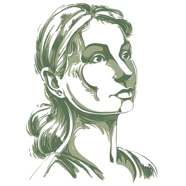 Vector imagen vectorial monocromática dibujada a mano, mujer joven romántica. ilustración en blanco y negro de una chica contemplativa.