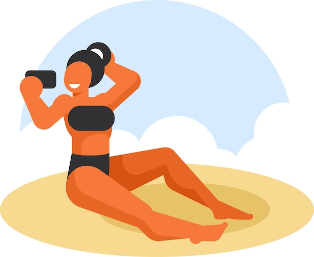 Vector imagen vectorial de una mujer tomando un selfie en la playa aislada sobre fondo blanco