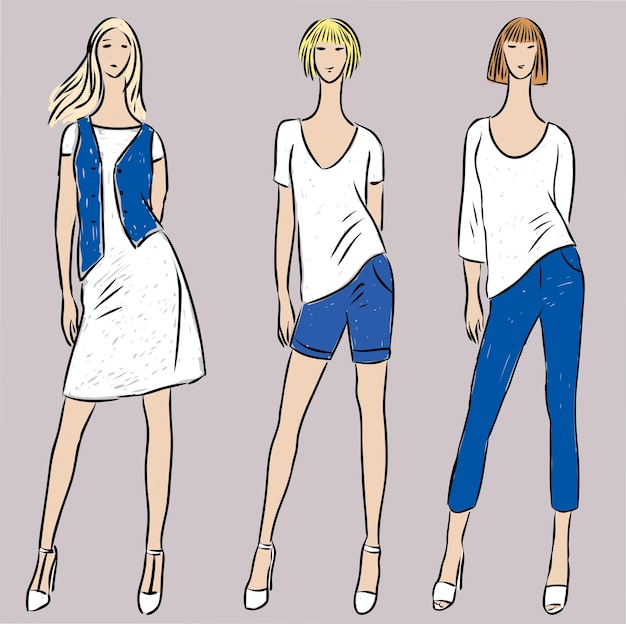 Imagen vectorial de mujeres jóvenes delgadas en camisetas jeansdress y chaleco y pantalones cortos de mezclilla