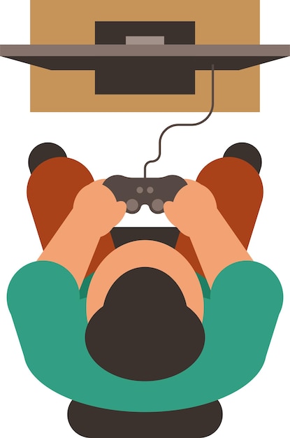 Imagen vectorial de un niño jugando videojuegos visto desde arriba, aislado sobre fondo blanco