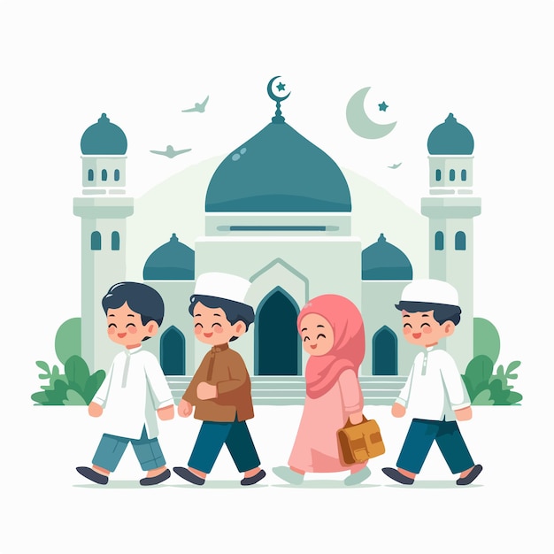 imagen vectorial de niños musulmanes que van a la mezquita