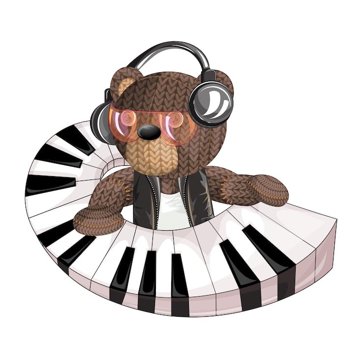 Vector imagen vectorial de un oso de juguete con instrumentos musicales en auriculares para grabación de sonido concepto estilo de dibujos animados aislado sobre fondo blanco eps 10