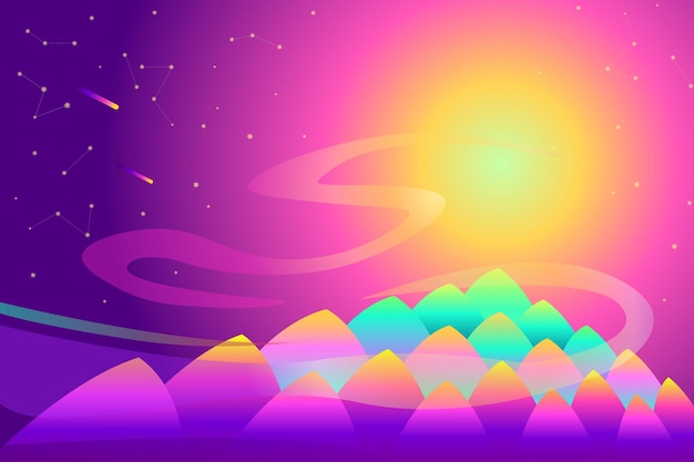 Imagen vectorial paisaje atardecer las montañas estrellas fondo de color