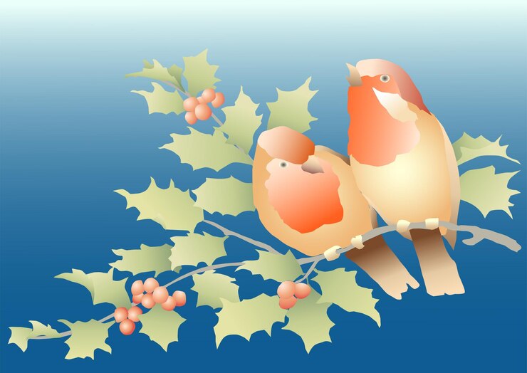 Vector imagen vectorial de un par de aves silvestres sentadas en ramas de acebo con bayas