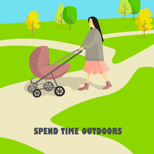Imagen vectorial de un paseo al aire libre en el parque joven madre caminando en un día soleado