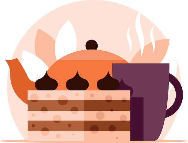 Imagen vectorial de un pedazo de pastel y una taza de té Ilustración de alimentos
