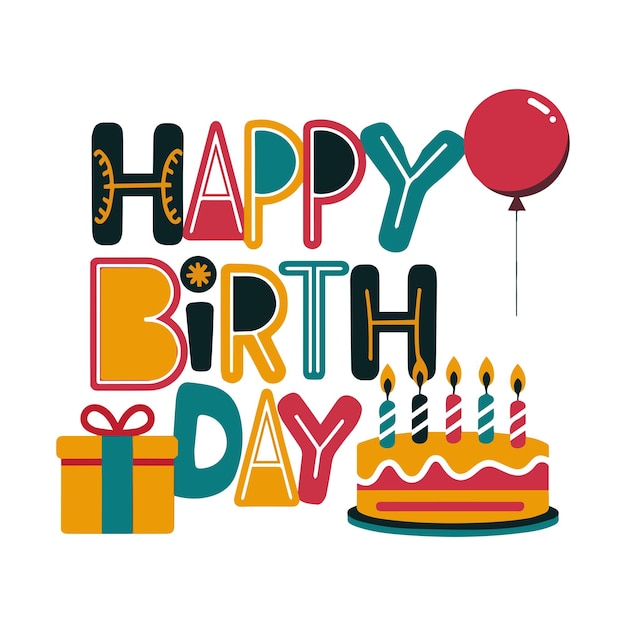 Una imagen vectorial plana de color de un cartel con el texto Feliz cumpleaños en una tipografía rizada única