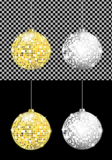 Imagen vectorial realista de bolas de discoteca doradas y plateadas con bengalas brillantes