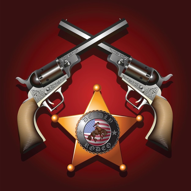 Vector imagen vectorial de revólveres cruzados y estrella del sheriff del salvaje oeste