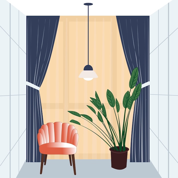 Imagen vectorial de una sala de estar con un sillón y una flor de habitación