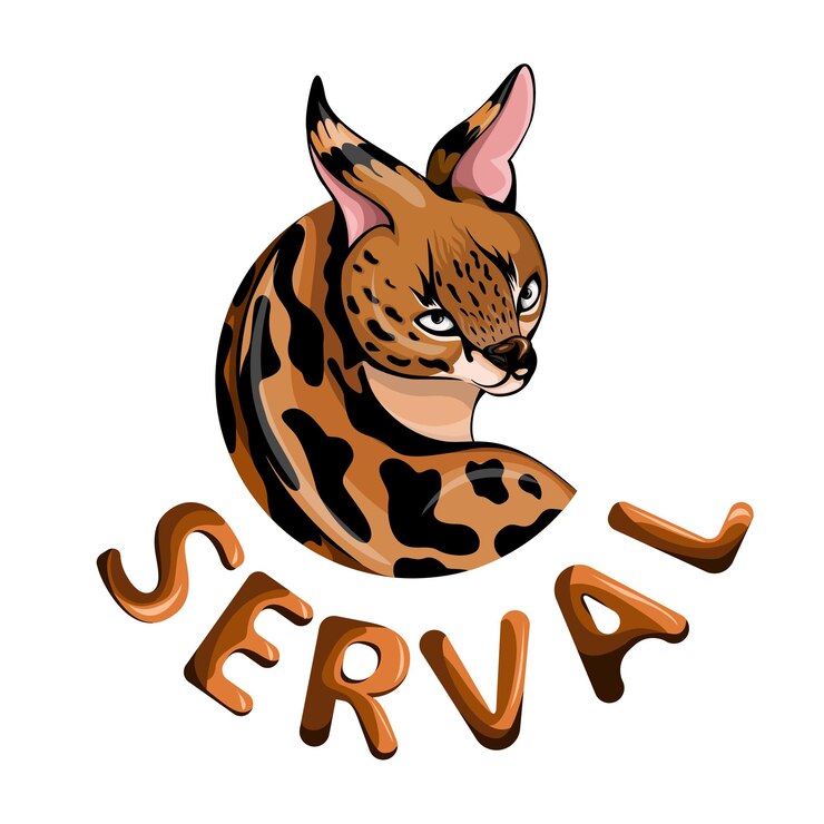 Vector imagen vectorial de un serval inscrito en un círculo en forma de emblema sobre un fondo blanco con la inscripción