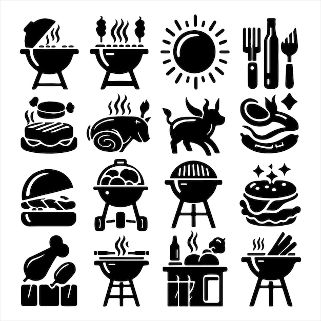 Imagen vectorial de silueta de paquete de iconos de diseño único de barbacoa con fondo blanco