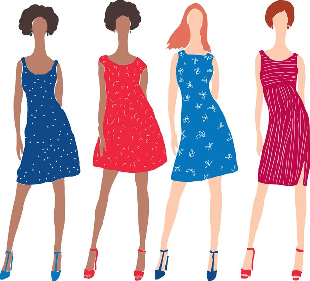 Imagen vectorial de siluetas de mujeres delgadas en vestidos de verano
