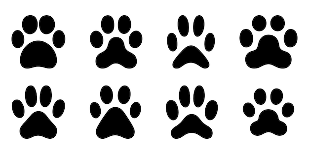 Imagen vectorial de siluetas planas de impresiones de patas de perro sobre un fondo blanco