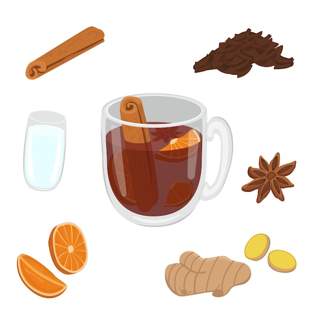 Imagen vectorial con una taza de bebida de invierno o otoño Imagen de té caliente con anís de canela y cítricos