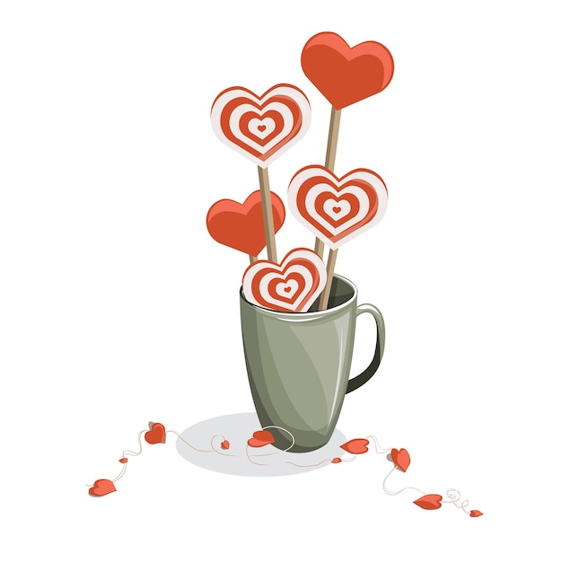 Imagen vectorial de una taza de piruletas con matices de amor