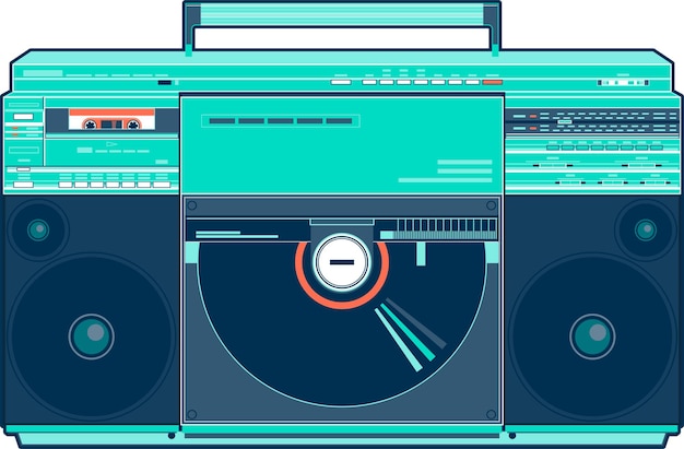 Vector imagen vectorial de un tocadiscos boombox clásico inspirado en el sharp vz-2500 en turquesa y naranja