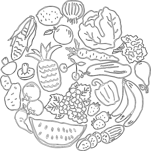 Imagen vectorial de varias frutas y verduras.