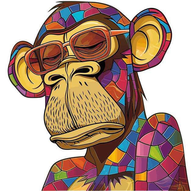 Vector imagen vectorial de vidrio pintado de un mono de estilo callejero de colores con gafas de sol realista