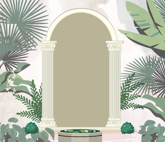 una imagen de una ventana con palmeras y una planta verde