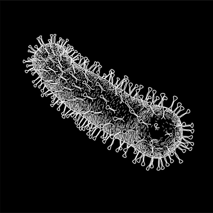 Vector imagen de virus larga línea blanca dibujada aislada sobre fondo negro