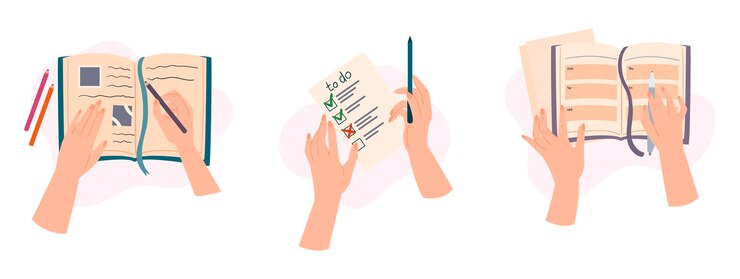 Vector imagen de la vista superior de las manos sosteniendo el bolígrafo y haciendo notas o lista de tareas pendientes en el cuaderno de papel o los iconos de ilustración del diario
