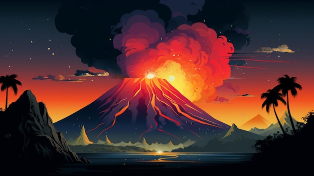 Vector una imagen de un volcán con un volcán en el fondo