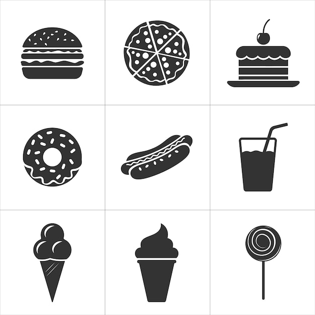 Imágenes de comida rápida Conjunto de íconos de comida rápida Hamburguesa Pizza Pastel Donut Perro caliente Beber helado piruleta