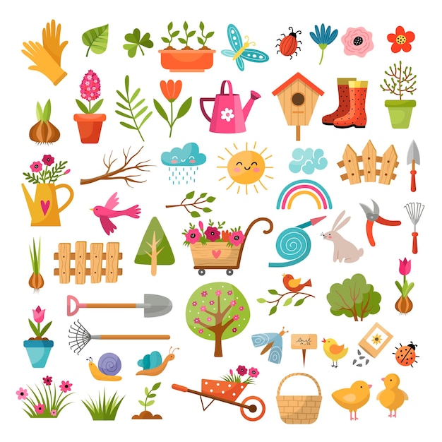 Imágenes decorativas de primavera, pájaros, animales, flores, ramas, hojas, hierba, herramientas de jardinería, plantilla de color vectorial reciente