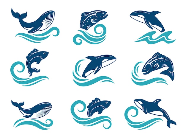 Imágenes estilizadas de animales marinos. Tiburones, peces y otros.