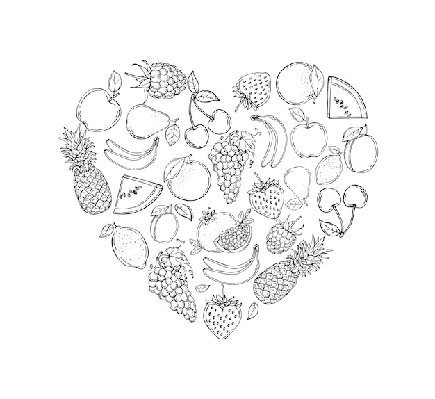 Imágenes estilizadas de frutas en forma de corazón. ilustración vectorial. dibujado a mano.