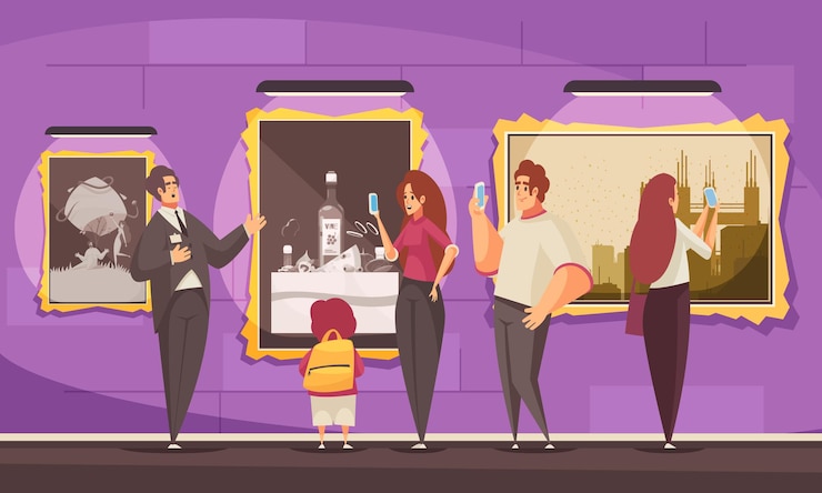 Vector imágenes de la excursión de la guía composición del museo con un entorno de lujo y personajes de garabatos de los visitantes y la ilustración del guía turístico