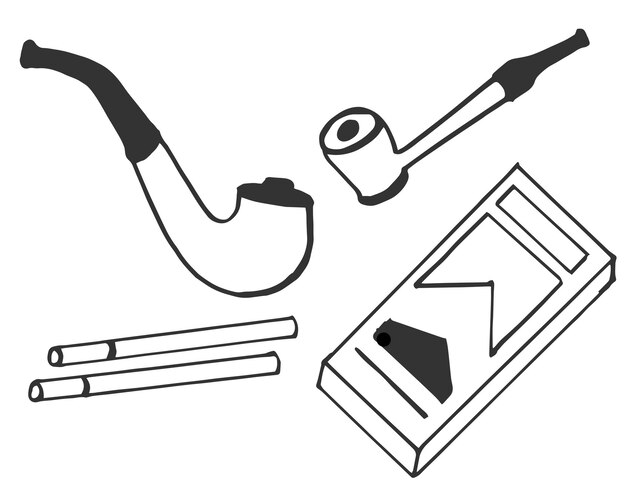 Imágenes ilustradas de paquetes de cigarrillos y dispositivos de succión de cigarrillos dibujados a mano.