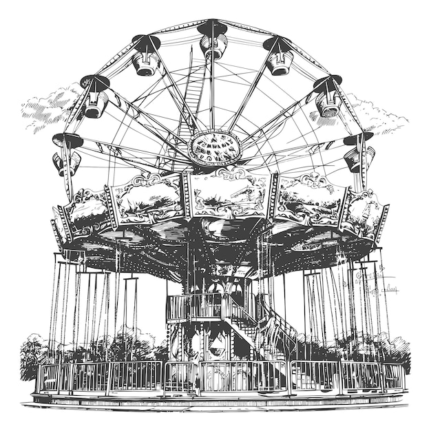 Imágenes de parques de atracciones usando el estilo de grabado antiguo color negro sólo