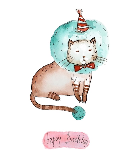 Imágenes prediseñadas de acuarela Feliz cumpleaños, un gato con un traje festivo sobre un fondo transparente.