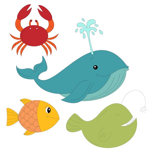 imágenes prediseñadas de animales marinos coloridos ambientadas en estilo de dibujos animados incluyen 4 animales marinos para niños y niñas