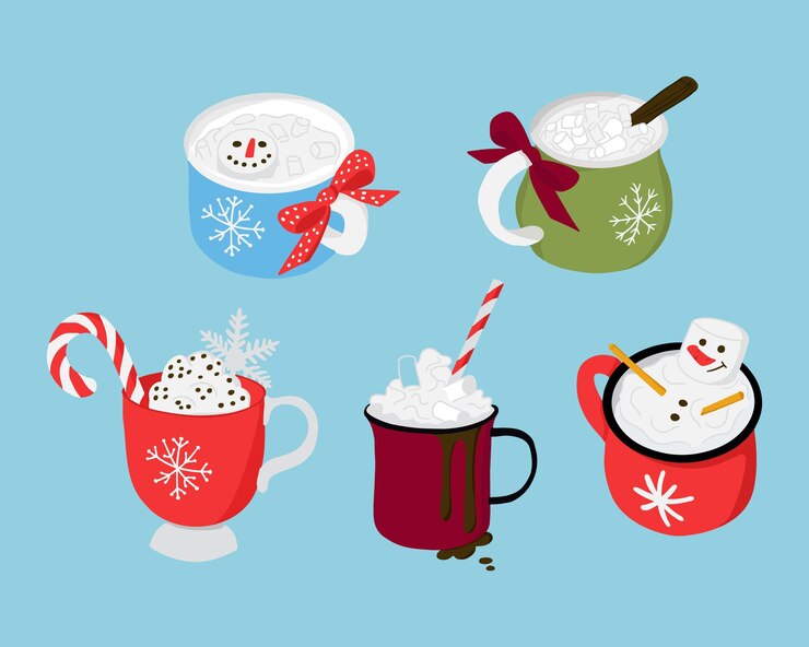 Vector imágenes prediseñadas de bebidas calientes navideñas en estilo plano y atrevido tazas aisladas dibujadas a mano de colores con malvavisco
